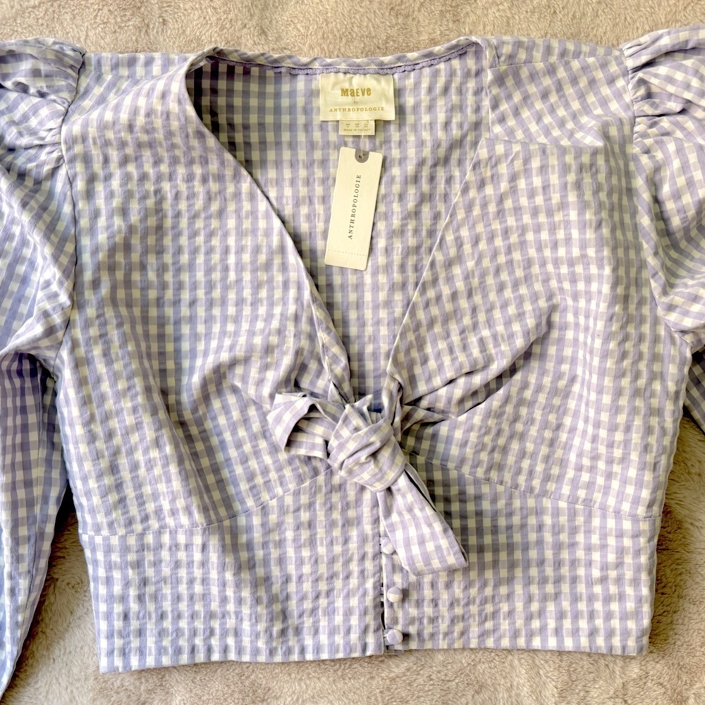NWT Anthropologie Maeve Cropped Gingham Blouse Lilac Lavender Size 8 - Picture 8 of 9